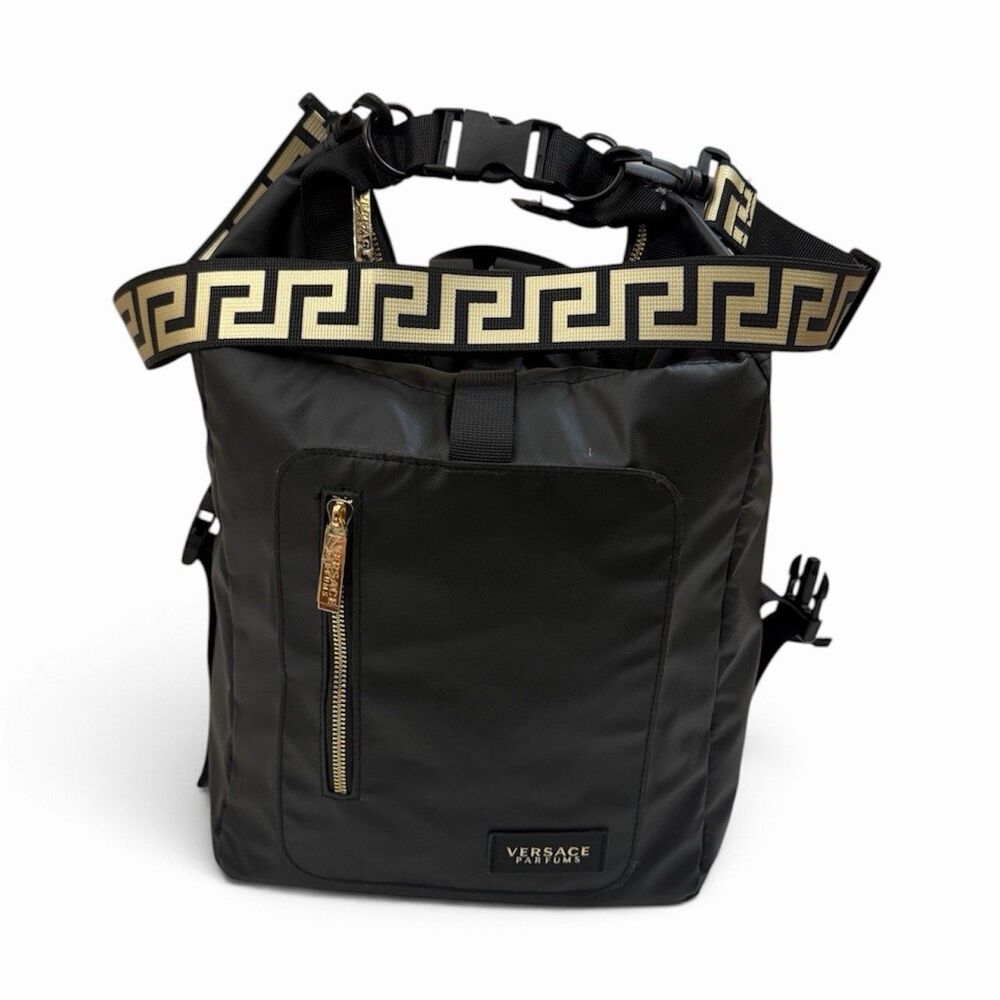 Versace Parfums Black & Gold Design Backpack Tote Bag NWOT